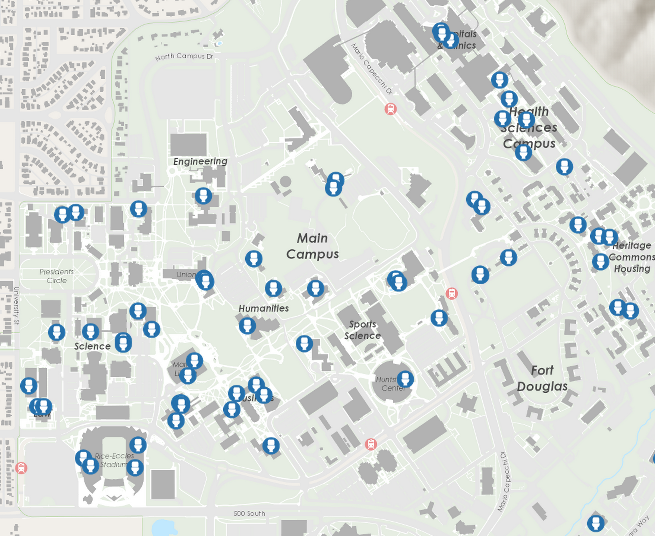 University of Utah map showing bathroom locations