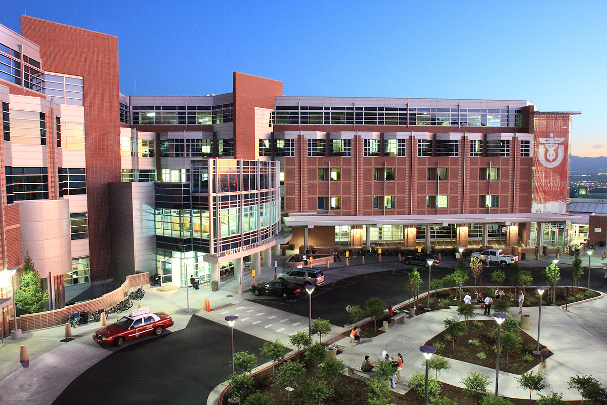 exterior of the University of Utah Hospital at dusk