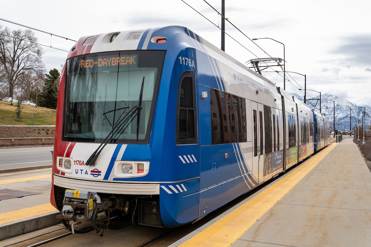 an image of a Trax rail train at a University of Utah station