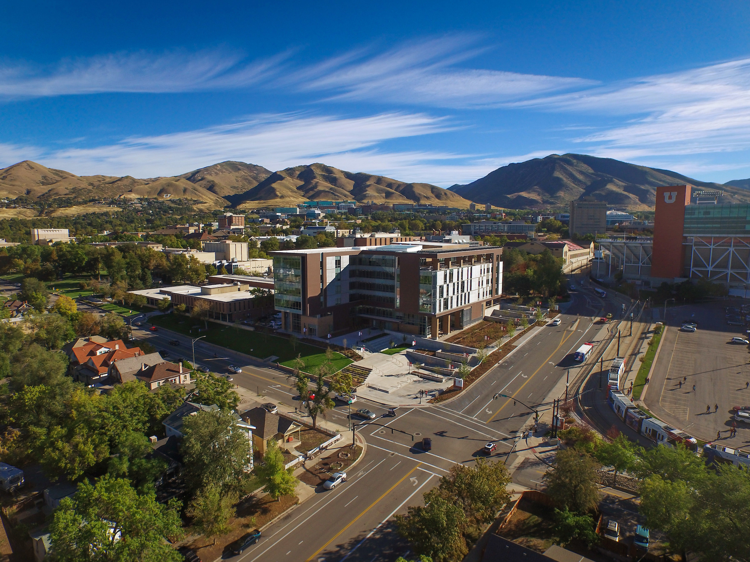 an aerial view of the University of Utah campus from the intersection of 1300 East and 300 South
