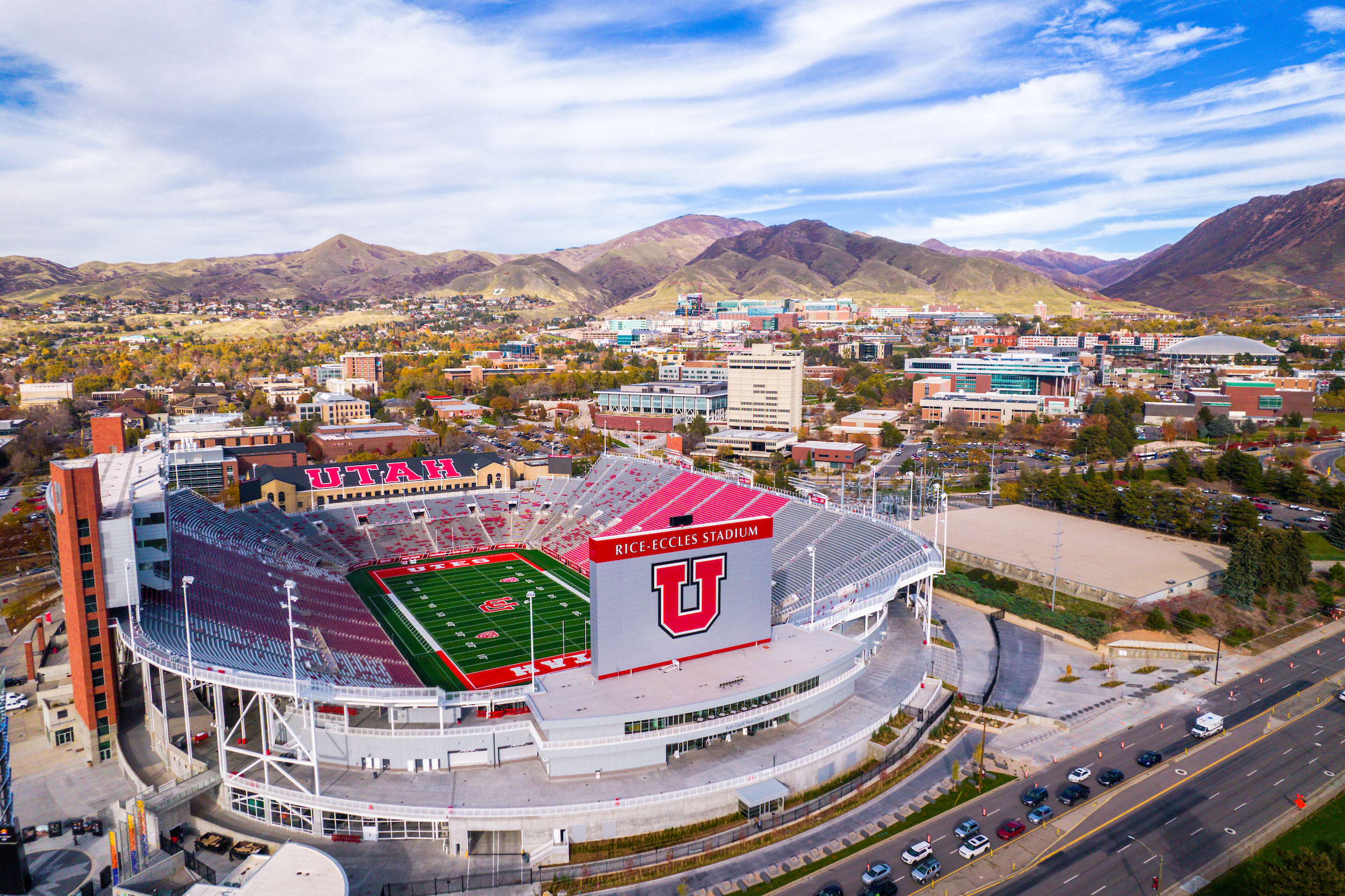 an aerial view of the University of Utah Rice-Eccles Stadium