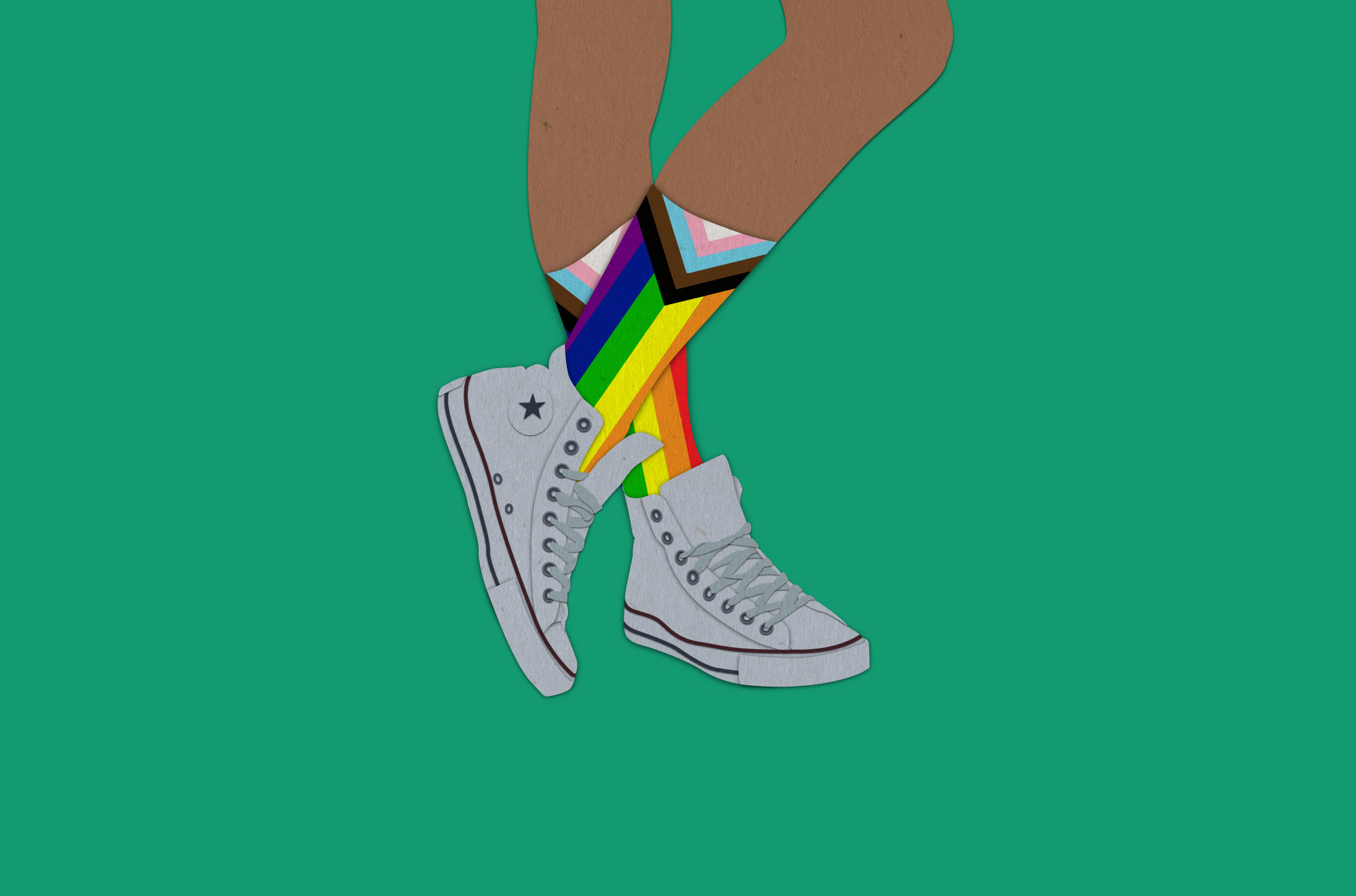 cut and arranged paper to resemble legs wearing white converse high-tops and Pride flag socks