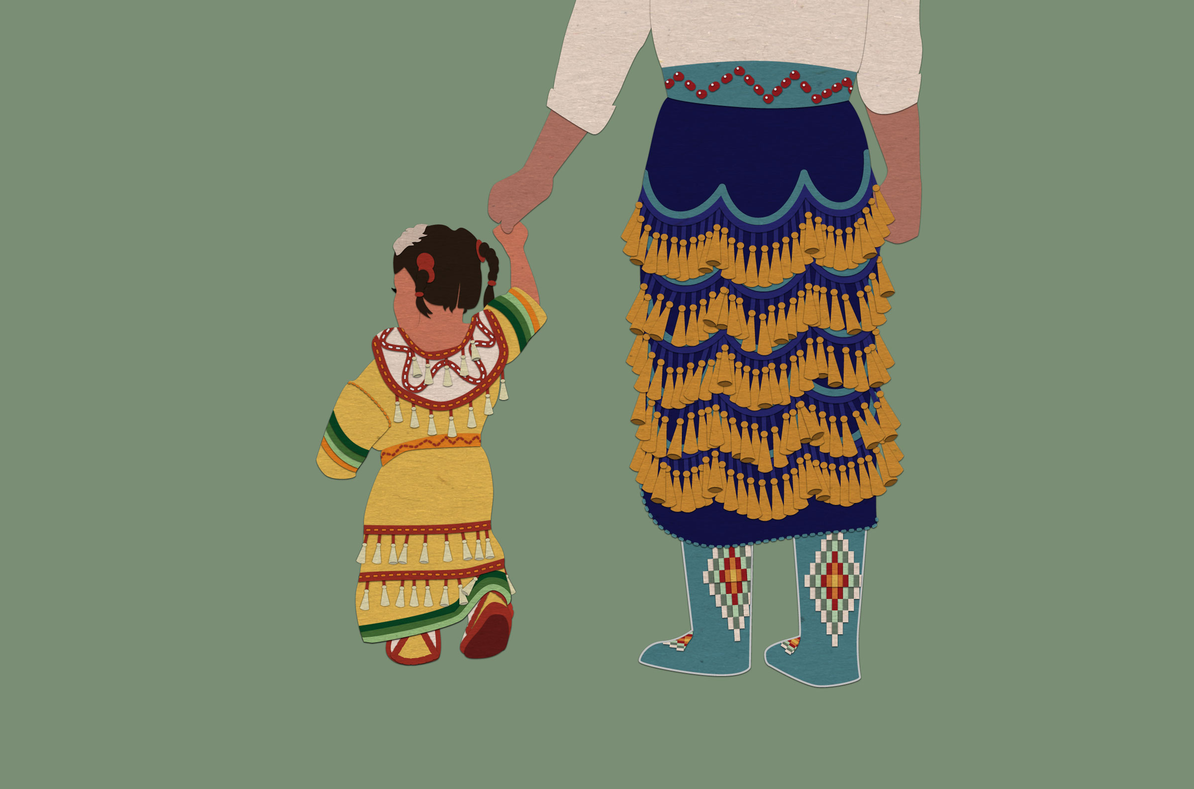 cut and arranged paper to resemble a young child wearing a jingle dress and holding the hand of an adult also wearing a jingle dress