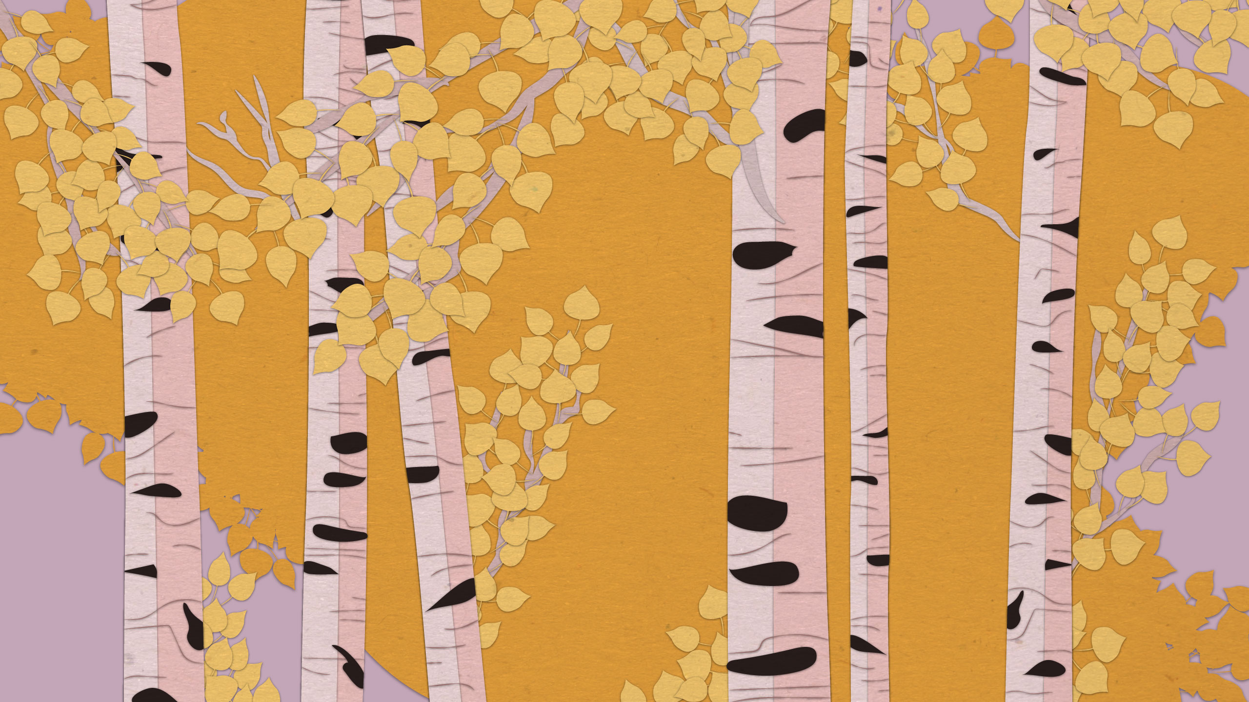 cut and arranged paper to resemble aspen trees with orange and gold foliage