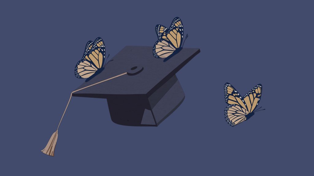 cut and arranged paper to resemble monarch butterflies carrying a graduation cap