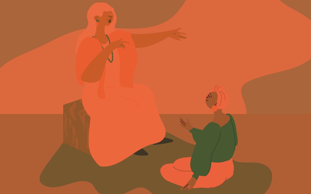illustration of an older woman sharing wisdom with a younger person