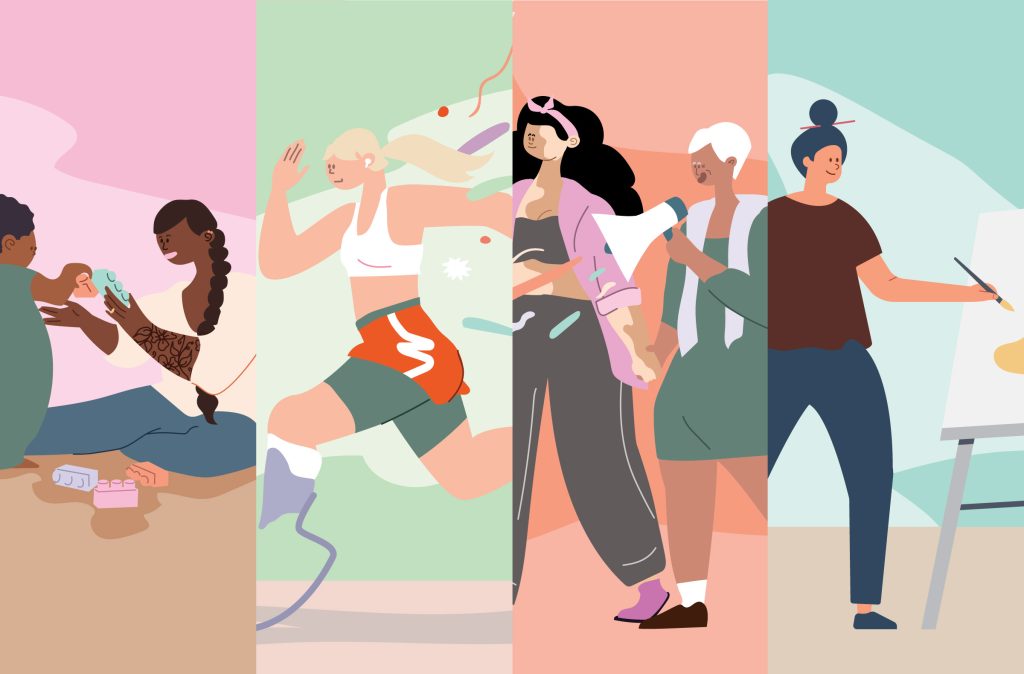 illustrations of women doing various activities: protesting, mentoring, crocheting, and playing with a child.