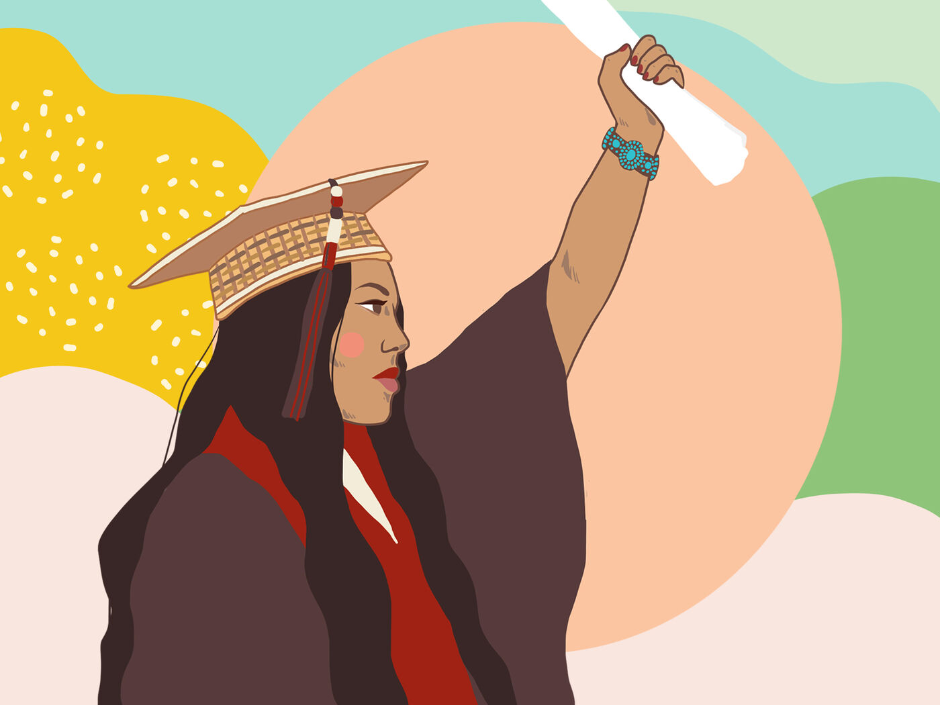 an illustrations of an Indigenous graduate holding up a fist with a diploma in hand