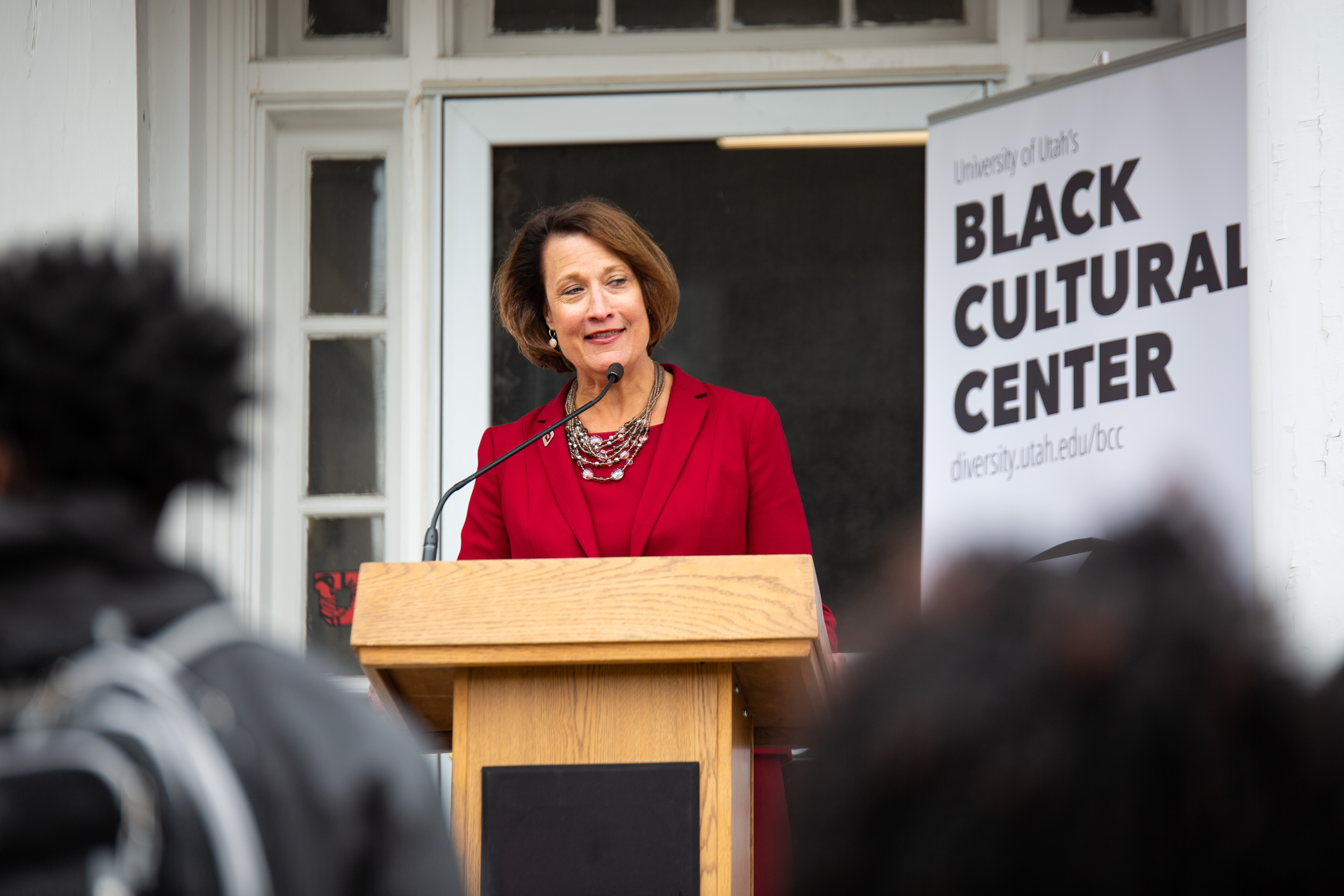 Ruth Watkins, President of the University of Utah at the opening of Black Cultural Center in Salt Lake City, Utah University of Utah, 95 Fort Douglas Blvd. (Bldg. 603)