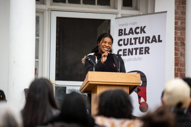 Alexis Baker, Black Student Union Member speaks at the Black Cultural Center in Salt Lake City, Utah University of Utah, 95 Fort Douglas Blvd. (Bldg. 603)