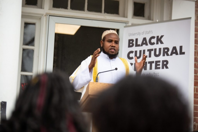 Sheikh Yussuf Abdi, Imam of the Madina Mosque speaks at the Black Cultural Center in Salt Lake City, Utah University of Utah, 95 Fort Douglas Blvd. (Bldg. 603)