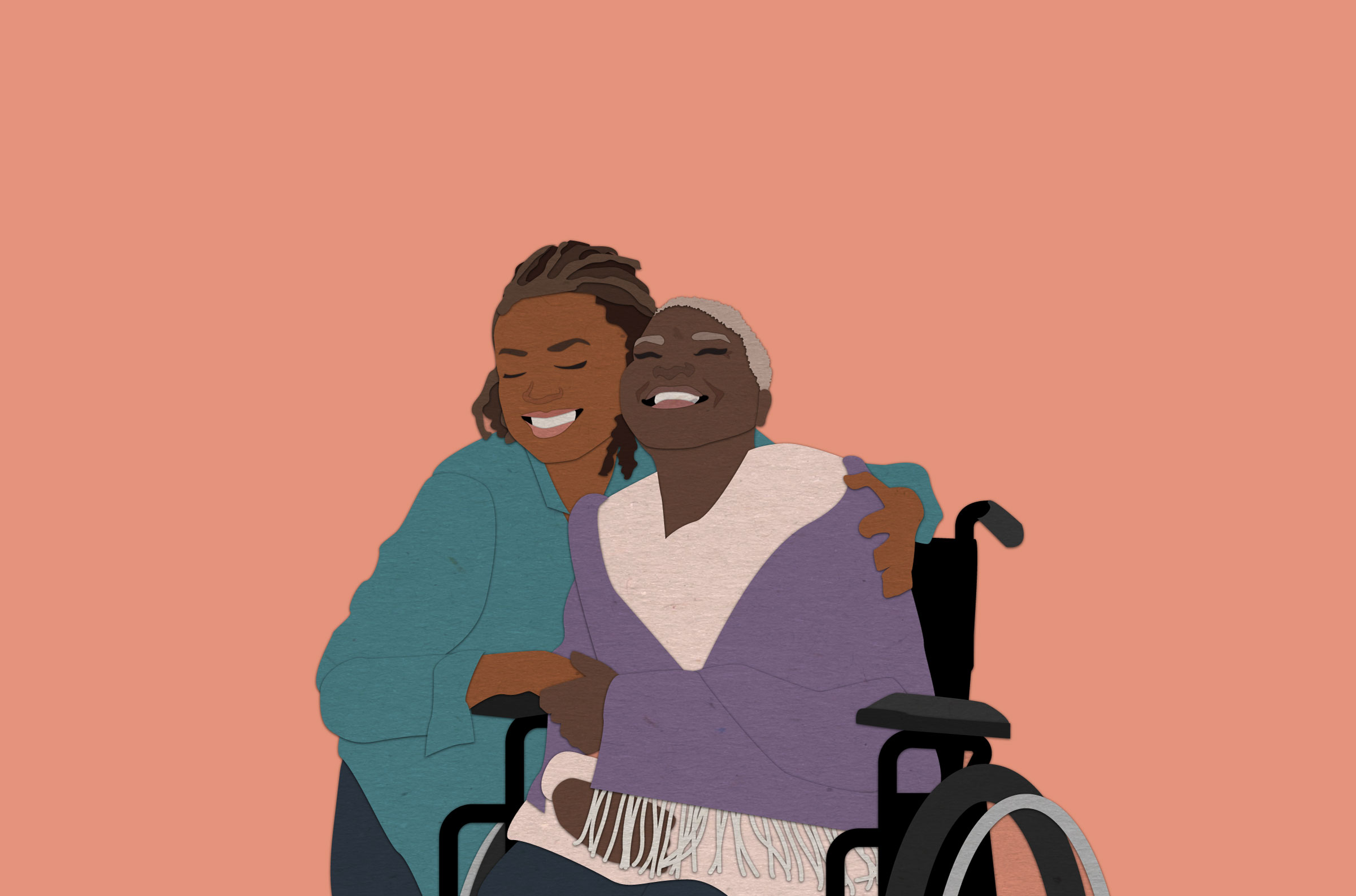 cut and arranged paper to resemble an individual hugging an older individual in a wheelchair