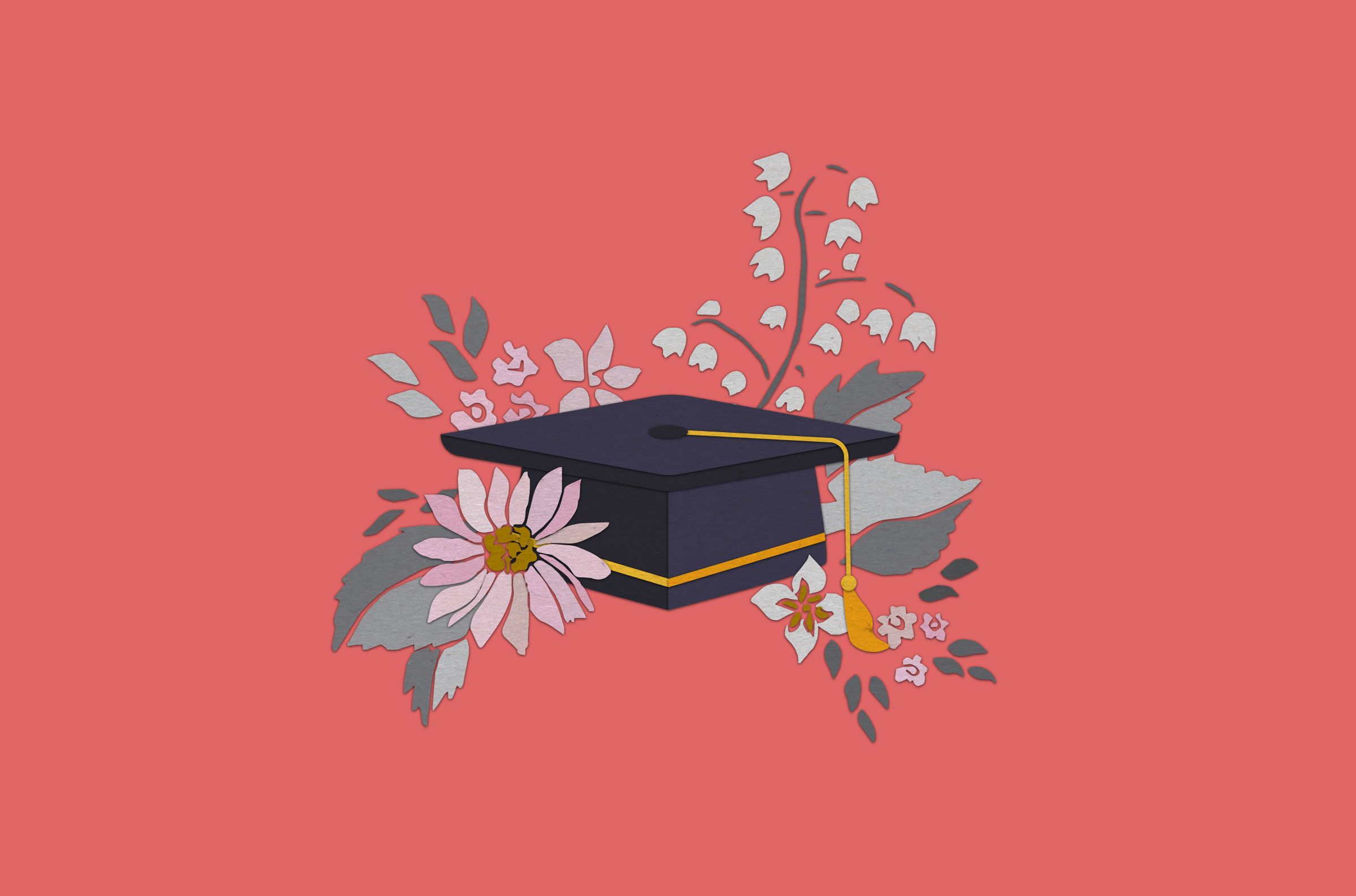 cut and arranged paper to resemble a graduation cap and flowers