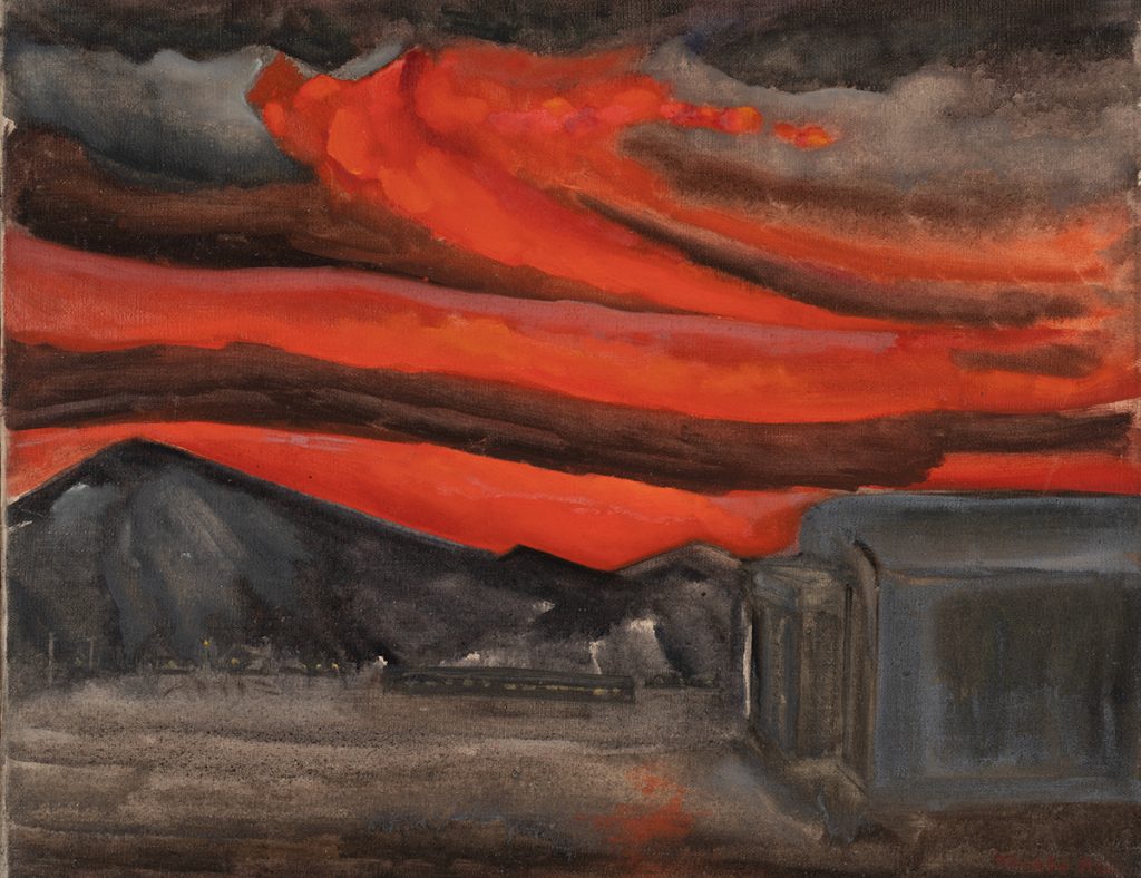a painting of a Japanese internment camp with a fire-red sky