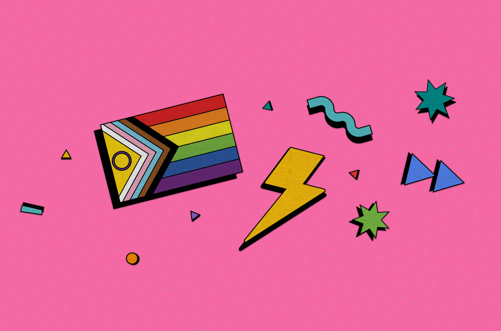 cut and arranged paper to resemble stickers of a lightning bolt, Pride flag, and other geometric shapes